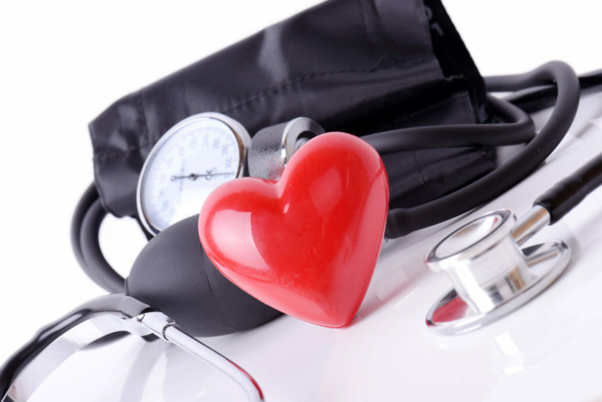 heart with blood pressure cuff and stethoscope