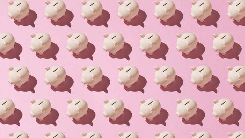 Illustration of little pink ceramic piggy bank pattern on pink background
