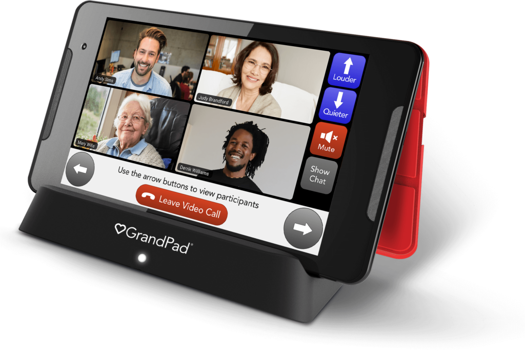 GrandPad tablet with four people on screen