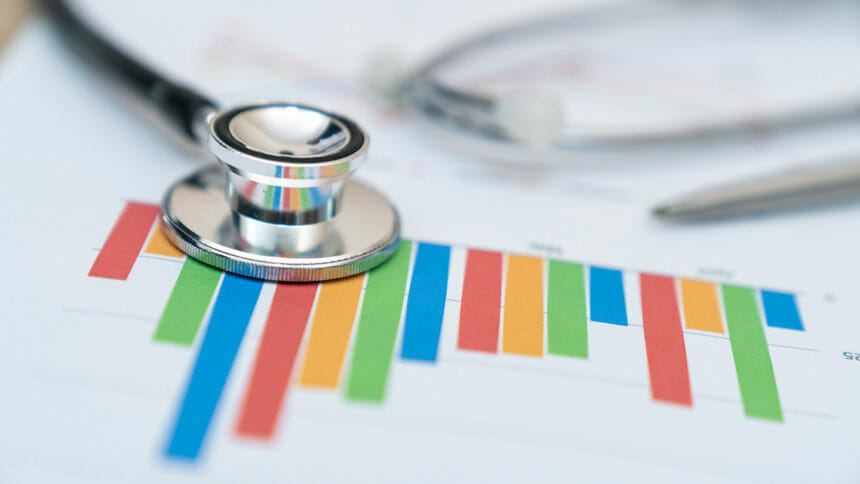 financial report chart and calculator Medical Report and stethoscope