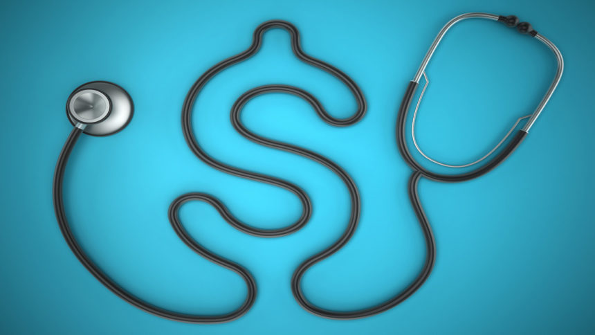 Stethoscope with dollar shaped cord standing on turquoise background.