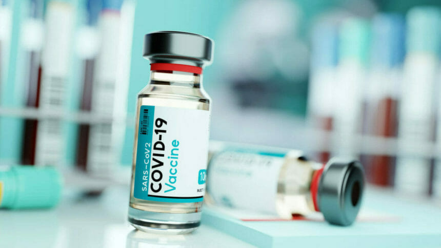 A vial of SARS-CoV2 COVID-19 vaccine in a medical research laboratory