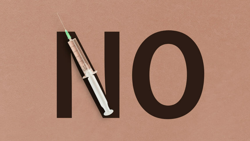 The word no and a syringe