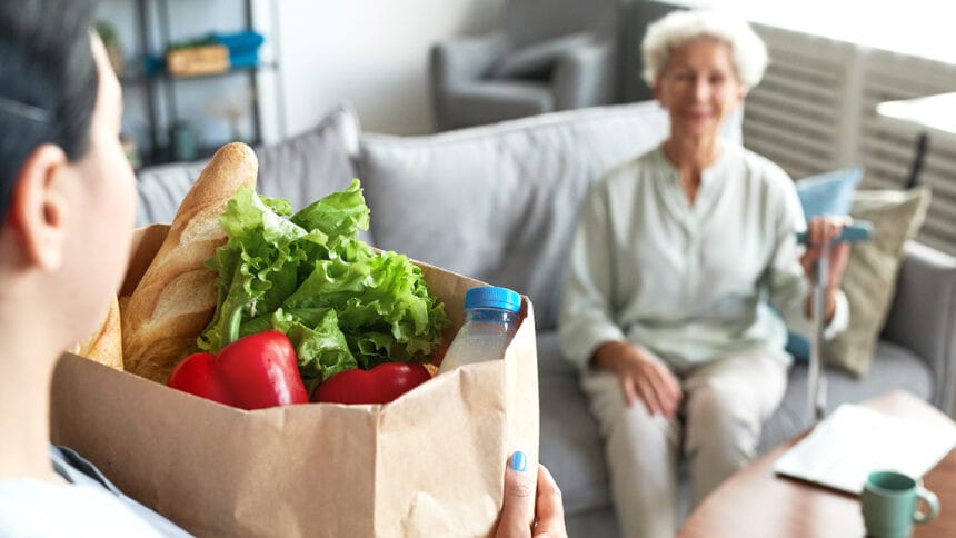 Portrait of female caregiver bringing groceries to senior woman, copy space