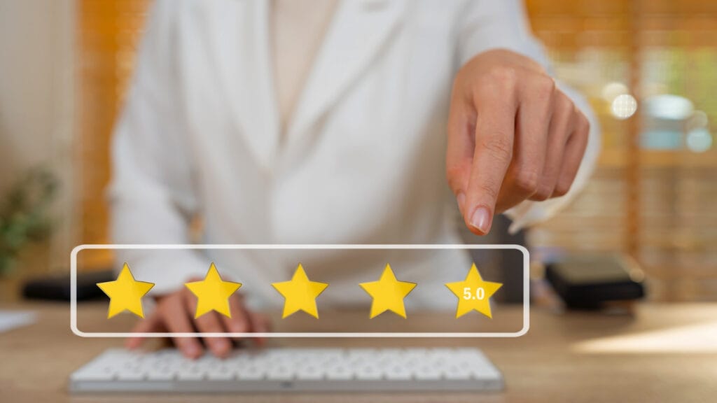 Finger of Customer touching virtual screen five gold stars satisfaction rating for the best excellent business serivce. Satisfaction Survey concept.